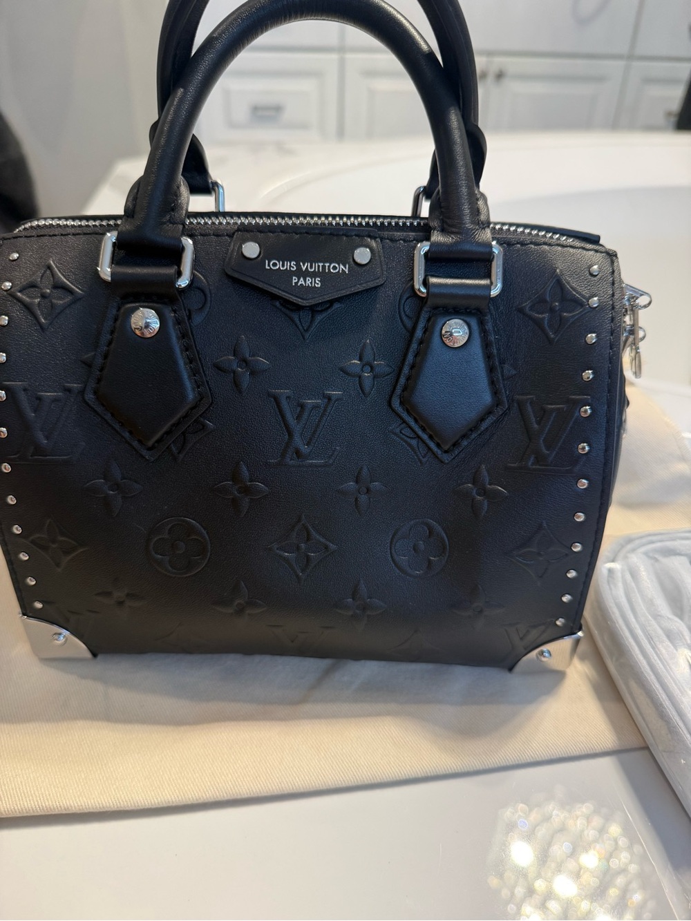 Louis Vuitton Black Embossed Monogram Studded Top-Handle Bag